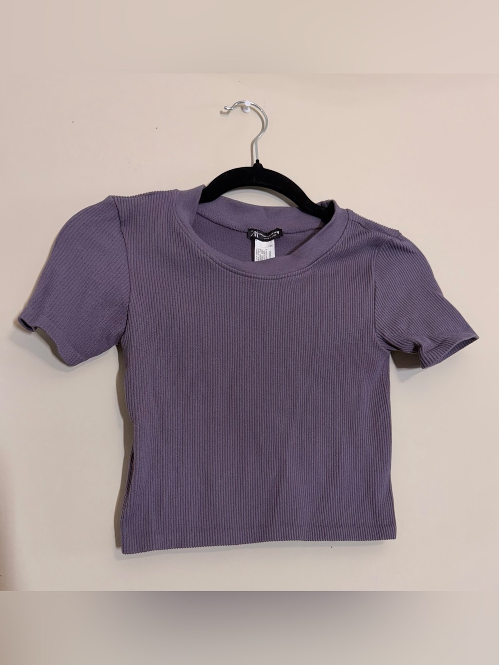 Zara Purple Ribbed Knit Cropped Short Sleeve Top Size M/L